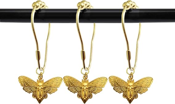 Set of 12 Skull Death's-Head Hawkmoth Shower Curtain Hooks Rings Halloween Party Supplies Haunted House Decoration Stainless Steel Rustproof (Gold-SkullMoth)