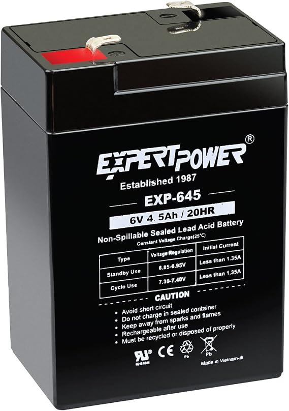 ExpertPower EXP645-6V 4.5Ah / 20HR SLA Rechargeable 6V Battery for Ride on Toys, Emergency Light, Exit Sign Battery Replacement, Sealed Lead Acid 6 Volt Batteries with F1 Terminals