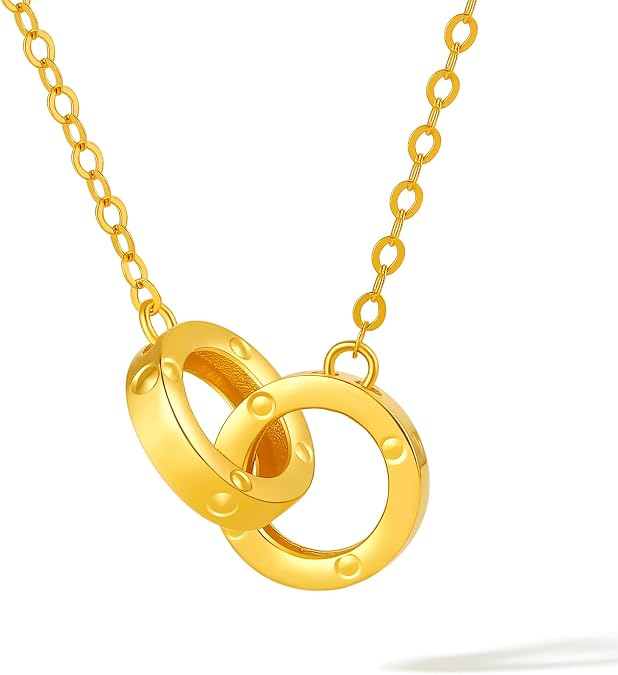 ZHOU LIU FU 18K Gold Necklace for Women Interlocking Circles Pendant Necklaces Infinity Chain Double Rings Choker Trendy Simple Minimalist Jewelry Adjustable Real Gold Gifts Wife Friend