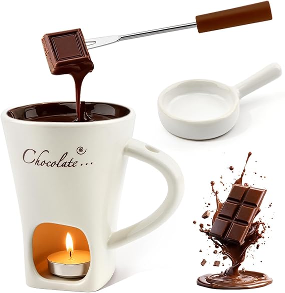 Chocolate Fondue Mugs, Multifunction Mini Fondue Pot Bliss Cup & Forks Without Tealights, Chocolate Melting Cup With Candle Holder For Date Night Birthday Wedding(COLOR:white)