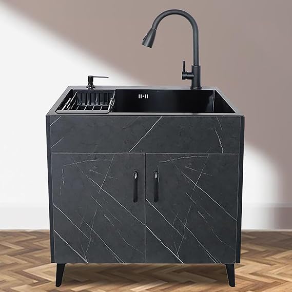Stainless Steel Utility Sink With Cabinet, Freestanding Laundry Room and Outdoor Sink, Pull-Out Faucet, Vanity With Storage, Suitable for Indoor and Outdoor Use ( C