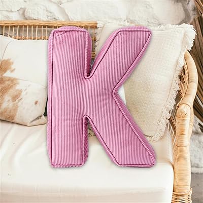 Letter Pillow,Corduroy Alphabet Throw Pillow for Kids, Pink Initial Pillow A to Z,Soft Decorative Letter Shaped Cushion for Nursery, Bedroom, Couch, Photo Props & Toddler Sleep Comfort K