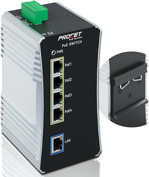 PROCET Gigabit PoE Switch 4-Port Din Rail , PT-PIS4PB1T-AC