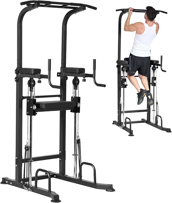 Dland Power Tower Dip Station Pull Up Bar Exercise Tower for Home Gym | Multi-Function Height Adjustable Strength Training Equipment, Free Standing Fitness Workout Machine Pullup Dip Station, Black