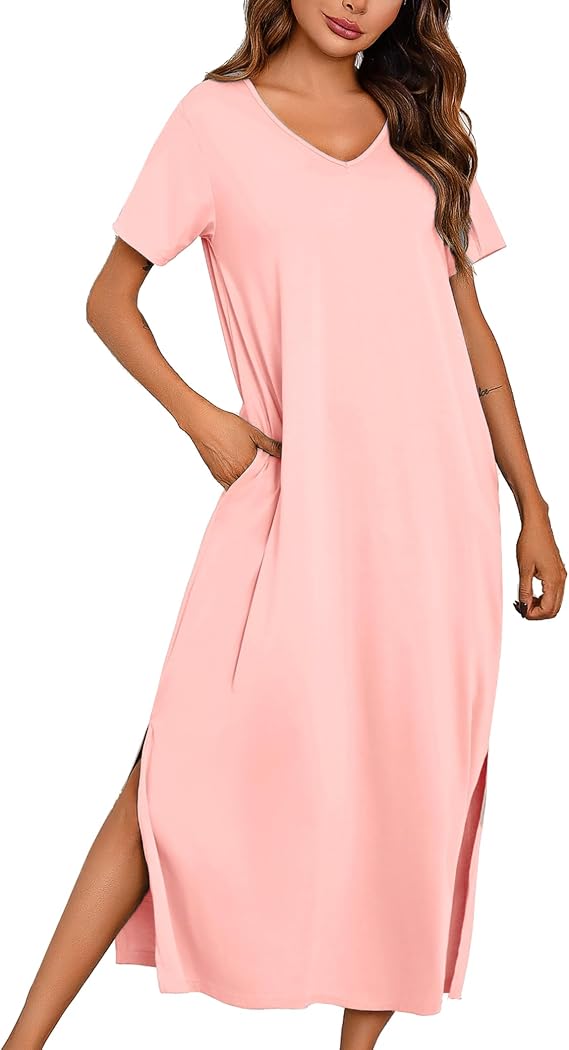 Marvmys Women Short Sleeve Nightgown Cotton Long Nightshirts with Pocket