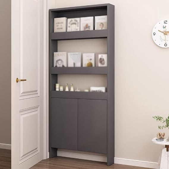 Narrow Behind The Door Bookshelf, Wooden 5-Shelf Storage Rack with Doors, Space-Saving Hidden Storage Behind Door, Floor Standing Bookcase for Living Room Bedroom(Dark Gray,23.6in/60cm)