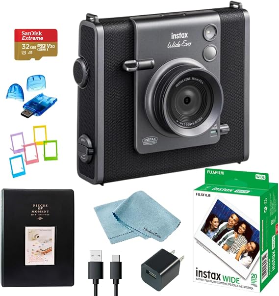 Fujifilm Instax Wide Evo Hybrid Instant Film Camera Bundle + Fujifilm Wide Film (20 Sheets), 32GB SanDisk microSD Card, Card Reader, Album & Frames, USB-C Cable, Wall Plug & BluebirdSales Cloth