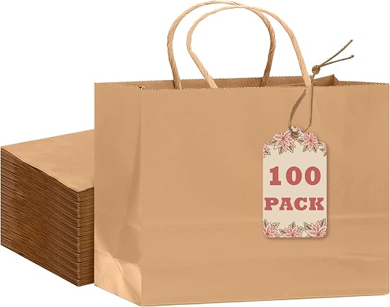 Gcardist 100PCS Gift Paper Bags 32x11x24.5cm Gift Bag with Handles Bulk Brown Bags Multiple Uses (12.6"x4.3"x10",Wide Large)