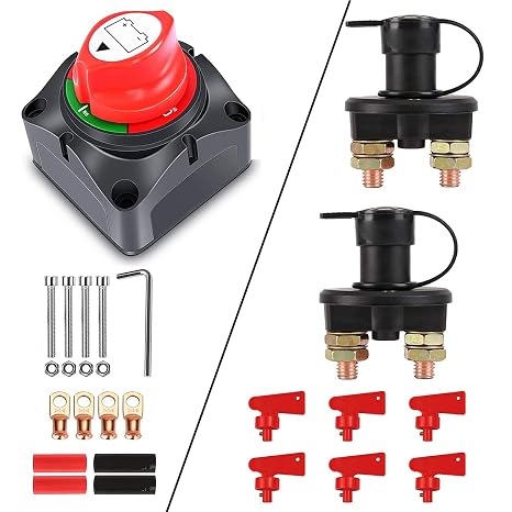 Battery Switch 12-48V Battery Power Cut Master Switch Disconnect Isolator Cut Off Switch and 2PCS Battery Disconnect Switch, 12V 24V Battery Isolator with Waterproof Key and Cover