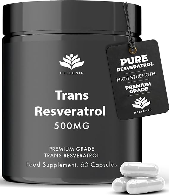 Trans Resveratrol 500mg Capsules | Pure Trans Resveratrol Supplements 500mg | Suitable for Vegans | Premium Grade | GMP Certified | Made in the UK by Hellenia