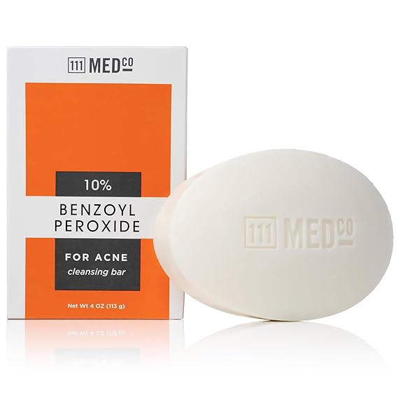 111MedCo 10% Benzoyl Peroxide Acne Treatment Cleansing Bar, Maximum Strength Medicated Face & Body SoapFree Bar for Stubborn Breakouts on Face, Chest and Back, 4 oz
