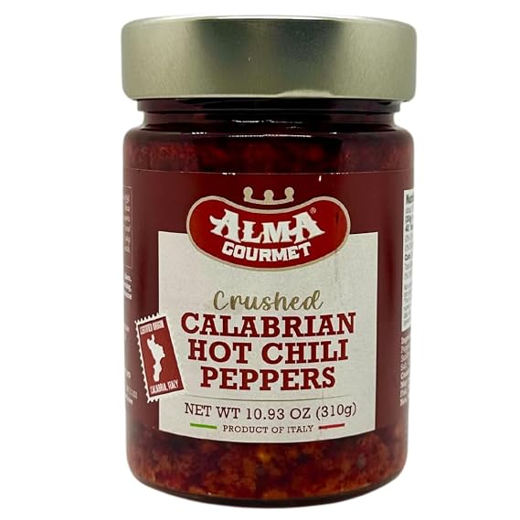 Certified Authentic Crushed Calabrian Hot Chili Peppers Paste Imported From Italy - Calabrian Crushed Chili Peppers Spread Sauce - All Natural - 10.93oz (310g)