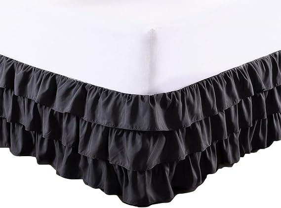 Classic Solid Elastic Dust Bed Skirt,Wrap Around Bed Skirt,Easy On/Off Dust Ruffle,Black Twin 15" Drop