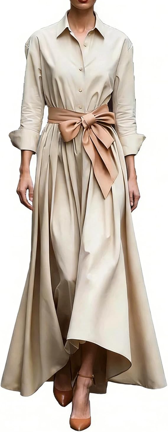 Women Maxi Shirt Dress Long Lapel V Neck Swing Dresses Sleeve Casual High Waist Midi Dress for Ladies
