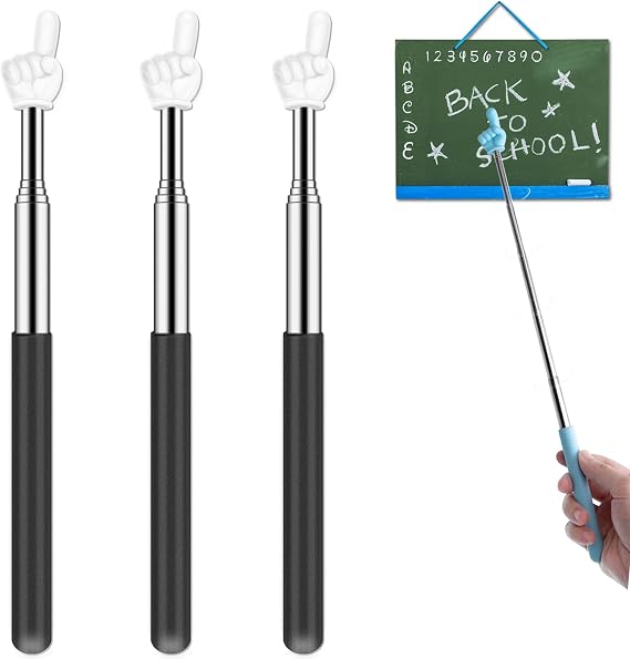 Extendable Finger Pointer Stick, School Collapsible Telescoping Long Hand Pointing Stick, Classroom Must Have Supplies Essentials, 3 Pack-Black