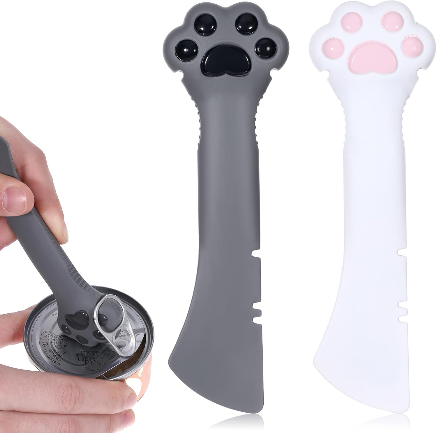 2PCS Cat Food Spoon, Reusable Cat Paw Pet Foods Can Opener with Spoon, Silicone Pet Foods Spatulas for Cats and Dogs, Cute Pet-Can Opener Spatula Scoop for Wet or Dry Food (White, Gray)
