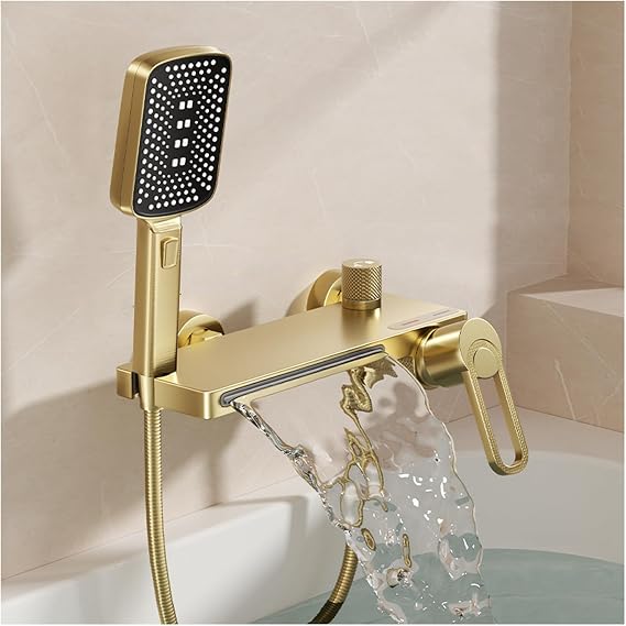 Gold Bath Tap with Hand Shower Waterfall Bath Tap