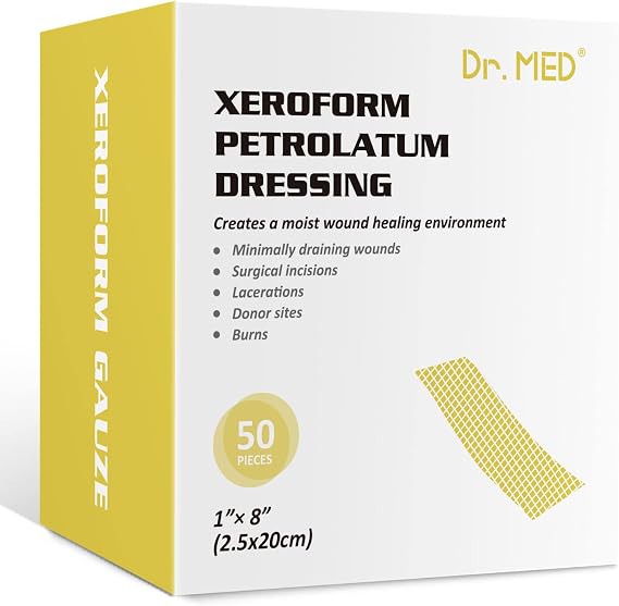 Dr.Med Xeroform Petrolatum Dressing Patch, 1"x8"-50 Pcs/Box, Non-Adherent Gauze Dressings, for Minor or Partial Thickness Burns, Lacerations, Skin Graft Recipient Sites, Newly Sutured Wounds