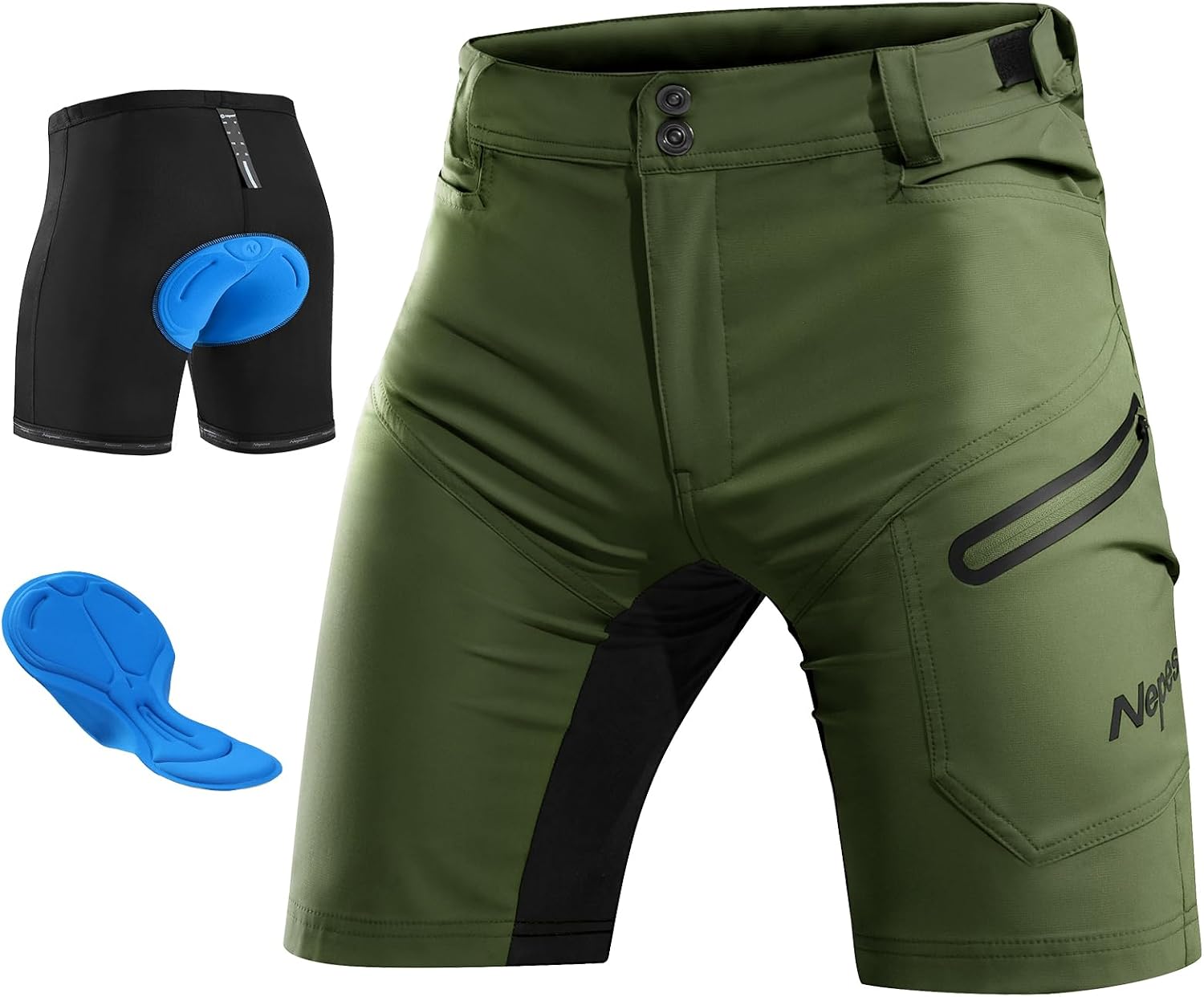Nepest Mountain Bike Shorts Mens Short MTB Shorts Padded 3 D Cycling Shorts Loose with Zip Pocket Bike Shorts Breathable