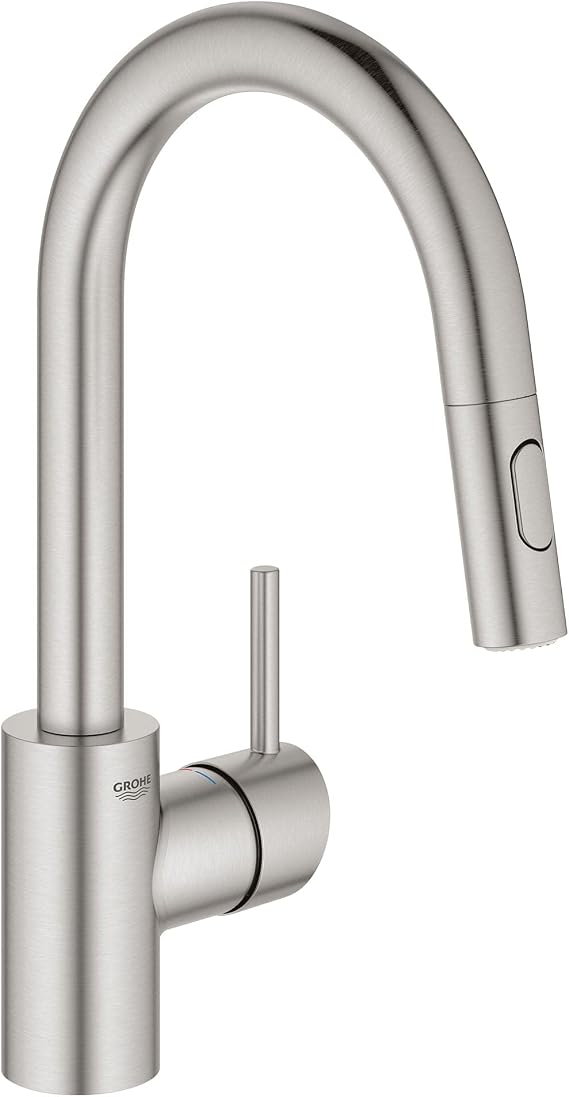 GROHE Concetto Kitchen Pull Down Bar Faucet with Sprayer, SuperSteel | Bar Prep Kitchen Faucet: Single Hole Deck Mount, Stainless Steel Finish, SilkMove Ceramic Valve, Dual Spray Mode|31479DC1