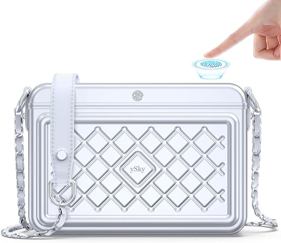 ySky Fingerprint lock bag for Women,RFID Blocking Metal locker money bags with password, Anti-Theft travel Security Box, Safe Shoulder Crossbody Bag,Find My Tracking (Silver)