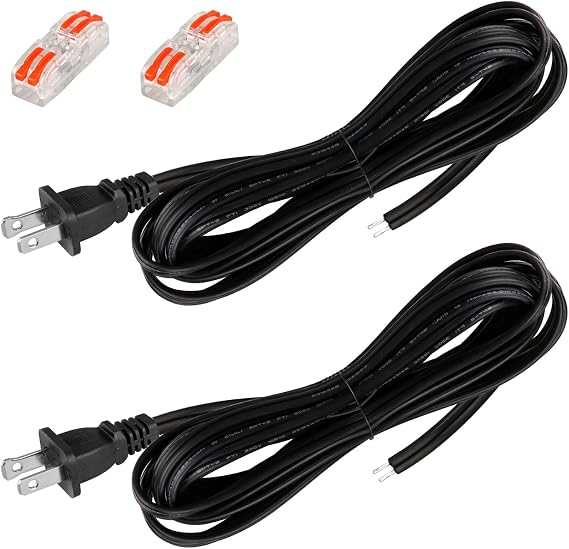 8 FT 2Pcs Plug Replacement 2 Prong with Lamp Wire, Black,NO Switch
