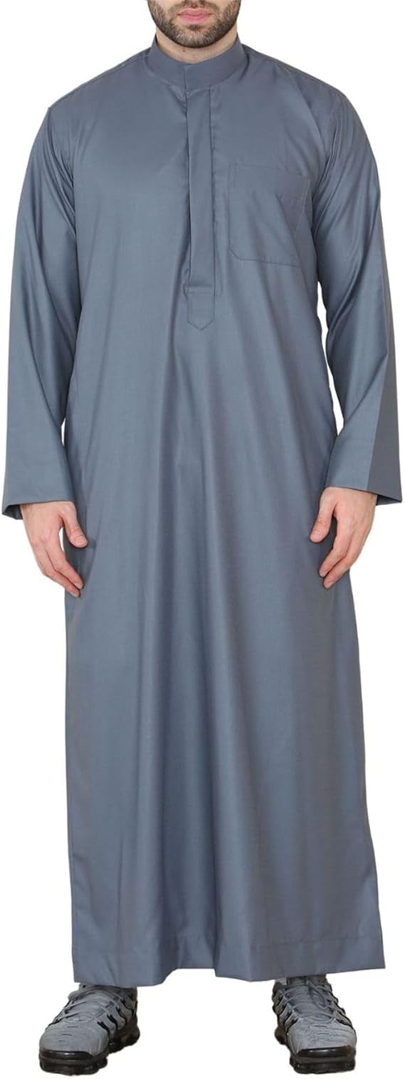 Mens Thobe Jubba Nehru Stand Collar Islamic Clothing Muslim Kaftan Eid Robe Saudi Slim Regular Fit