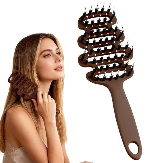Volumizing Boar Bristle Hair Brush, 2025 New Natural Curly Bristle Brush, Soft Paddle Hair Brushes for Women Men Kid, Vintage Comb for Fine Hairs, Dry Wet Detangling Brushes for Slick Back (Brown)