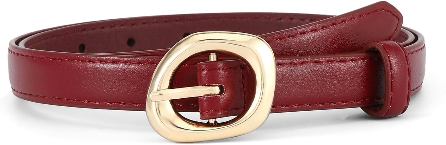 Thin Belt for Women Jeans Faux Leather Ladies Skinny Waist Belts for Dresses Pants with Trendy Gold/Silver Buckle