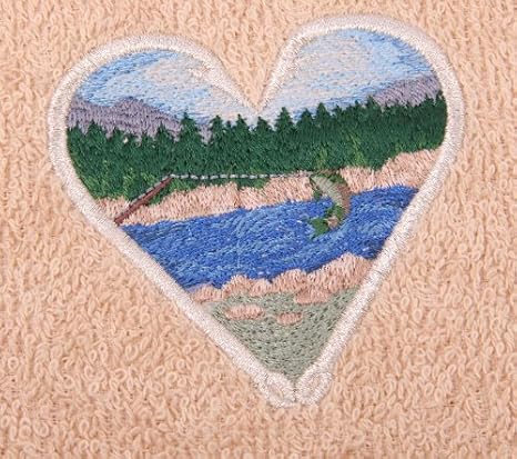 Bath Towel Set with Embroidered Fly Fishing Scene