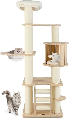 PETSITE 71 Inch Tall Wooden Cat Tree, Multi-Level Cat Tower with Scratching Posts, Cat Condo, Space Capsule, Climbing Ladder, Dangling Ball, Washable Cushions, Modern Cat Tree Tower for Indoor Cats