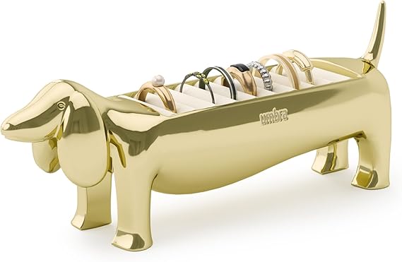Umbra Dachsie Ring Holder, Weiner Dog Dachshund Jewelry Storage, Brass | Metal, velvet padded base, protects from scratches, holds 10 pieces, fits nightstand or dresser, hand polished