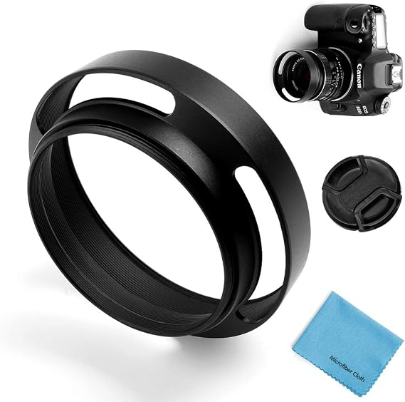 46mm Hollow Lens Hood Universal Metal Hollow Vented Tilted Curved Lens Hood Sunshade with Centre Pinch Lens Cap for Leica Canon Nikon Sony Pentax Olympus Fuji Camera + Microfiber Cleaning Cloth
