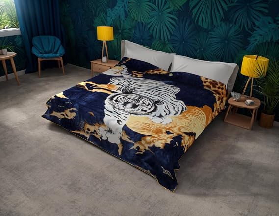 White Tiger Blanket Korean Mink Silky Soft Reversible Bed Comforter Bedspread Bedding Cobias Heavy Thick Weight Winter Warm All Season Throw(Queen, 71 Tiger Blue)