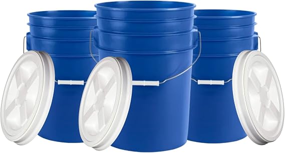 6 Gallon Large Blue Food Grade Plastic Bucket Pail with Air Tight Screw on Lid (Pack of 3) Made in USA pails