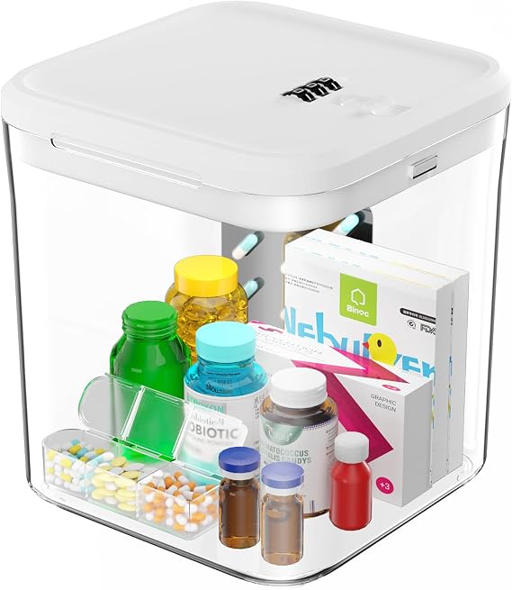 Medicine Lock Box for Safe Medication, Clear Lockable Storage Box for Snacks Food, Phone Lock Boxes with Combination Code for Home/Dorms/Office Storage Lockers (White)