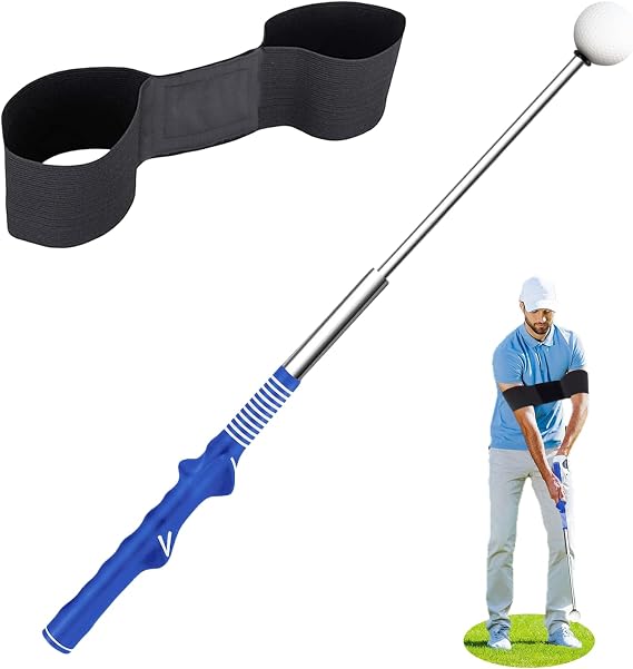 Right-Handed Golf Training Aids, Golf Grip Training Aid Swing Trainer with 1 Arm Posture Correction Band, Telescopic Golf Simulator, Golf Practice Accessories Perfect for Beginners and Pros