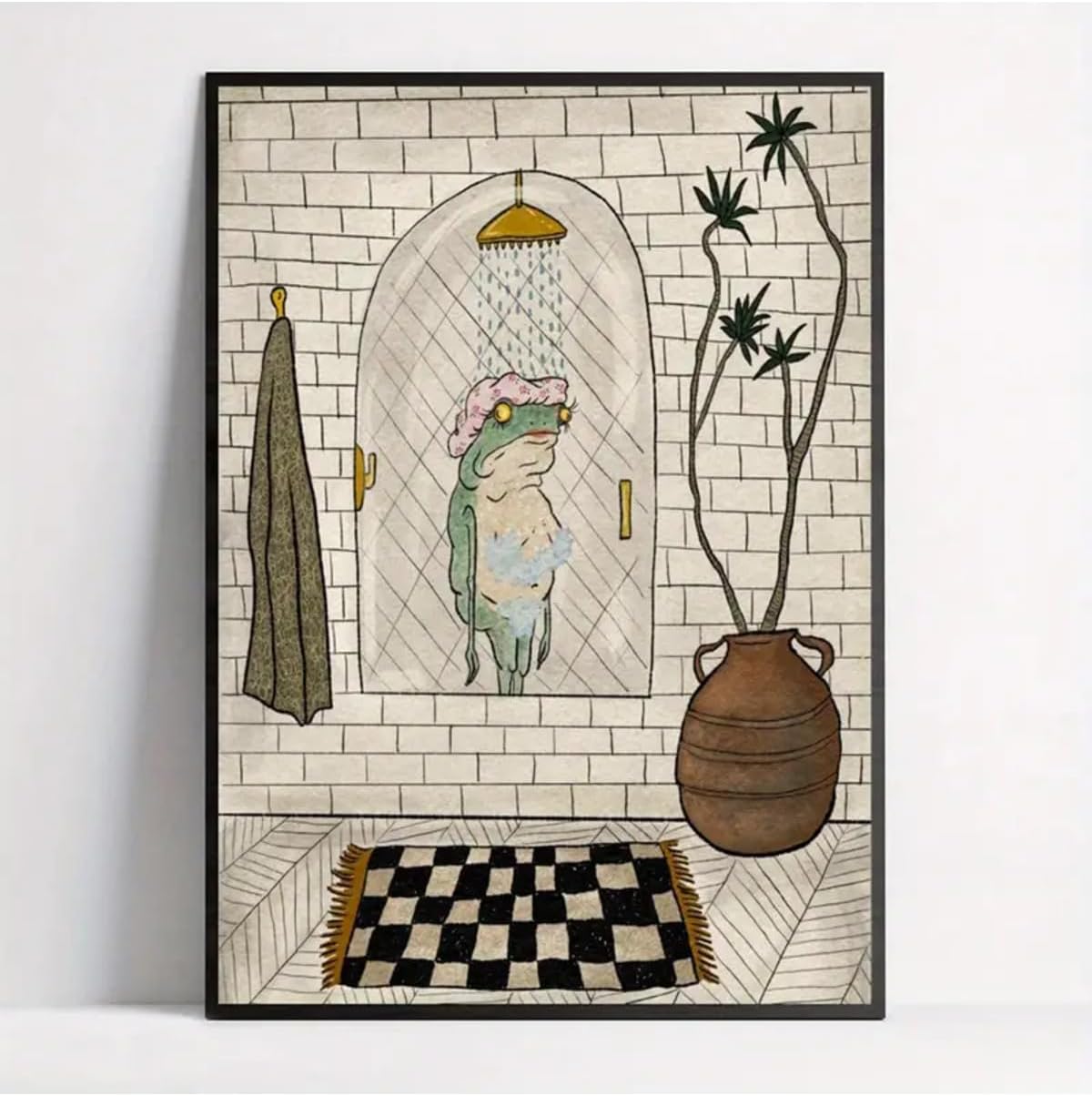 512 STORE Estetik İllüstrasyon Kurbağa Banyo Modern Tasarım Dekor Çerçevesiz Poster 15 X 21 Bej, 43232rf32432r2