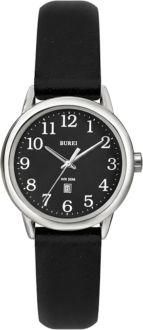 BUREI Women's Black Leather Watches Simple Fashion Analog Quartz Waterproof Watches, Easy Read,Gifts for Women and Nurse