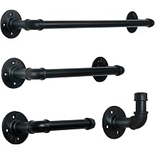 HouseAid 4-Pieces Industrial Pipe Towel Holder Set, Rustic Steel Towel Rack Kit, Farmhouse Vintage Style Towel Bar Accessories for Bathroom, Wall Mounted, Matte Black