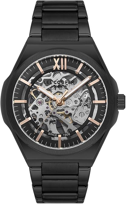 LEE COOPER LC08051.650 Men's Automatic Display Watch with Metal Strap Black Strap Black Strap