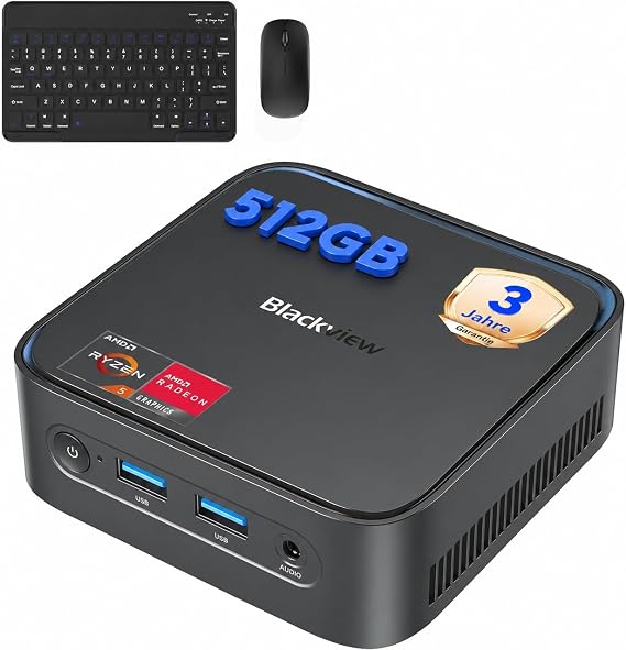Blackview Mini PC MP50 with Keyboard and Mouse AMD Ryzen 5 Radeon Vega 8 Graphics 16GB RAM 512GB SSD Win 11 Pro 4K Dual Display Ultra Quiet Compact Desktop PC for Office Home