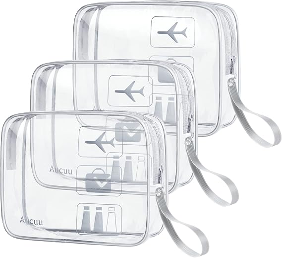 Aucuu 3 Pack Clear Travel Bags, TSA Approved Toiletry Bags, PVC Waterproof Travel Wash Bags Cosmetic Bag Transparent Pouch For Traveling
