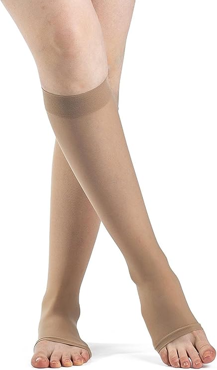 SIGVARIS Mens & Womens Essential Opaque 860 Open Toe Calf-High Socks 20-30mmHg - Light Beige - Medium Short
