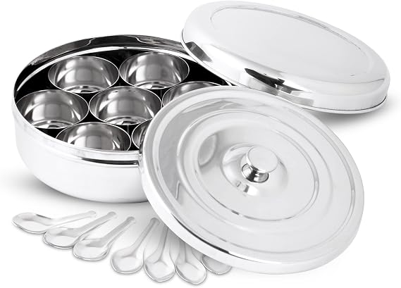 KSJONE Double Lid Spice Container Masala Dabba With 7 Compartments and 7 Spoons, Masala Box, Spice Container Box, Stainless Steel condiment box Indian with Double Lid, 7.3 inch