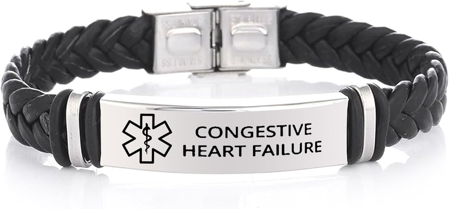 Medical Alert Braided Leather Bracelet, Congestive Heart Failure Awareness, SOS Emergency Health Life Alert ID Engraved Stainless Steel Adjustable Jewelry (Black)