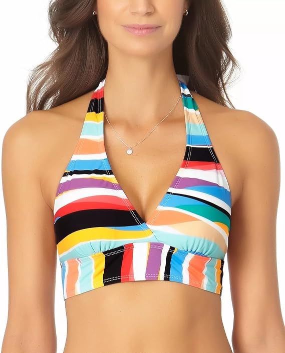 Anne Cole Signature Wavy Stripe Marilyn Halter Bikini Top, XL, Multi