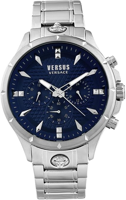 Versus Versace Chrono Lion Modern Collection Luxury Mens Watch Timepieces with a Silver Bracelet Featuring a Stainless Steel Case and a Blue Dial