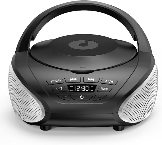 Gueray Portable CD Player Boombox Compact CD Boombox with Stereo Speakers FM Radio 3.5mm AUX Input and Headphone Jack LCD Display for Indoors, Outdoors, Travel & Audiobooks(Black+Silver)