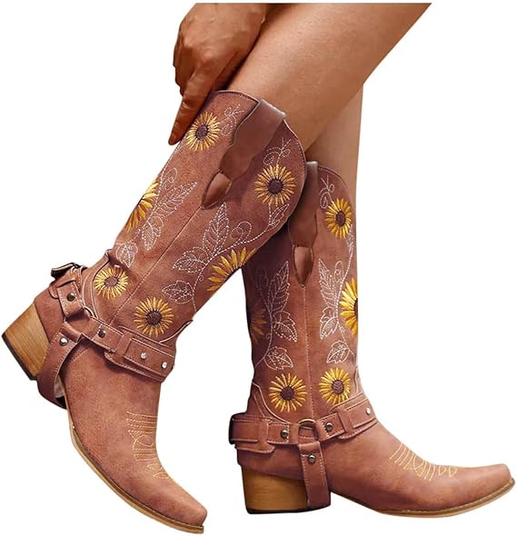 ZBYY Women Sunflower Embroidered Cowgirl Boots Square Toe Retro Western Boots Chunky Heels Pull On Mid Calf Booties